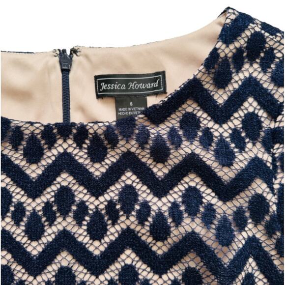Jessica Howard Dress Navy Lace Overlay Nude Lining Short Sleeve Sheath Size 6 - Picture 2 of 12